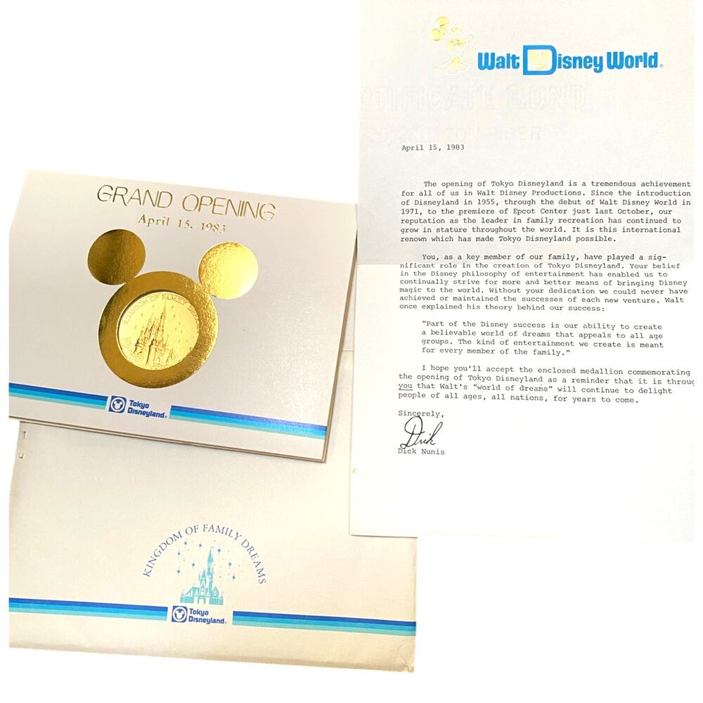 Vtg 1983 Disneyland Tokyo Japan Grand Opening Coin Medallion letter Dick‎ Nunis